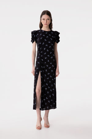 KRISTEL - CREPE MIDI DRESS WITH DRAPING AND BUTTONS WITH SIDE SPLIT