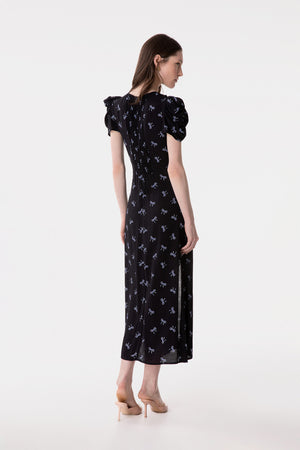 KRISTEL - CREPE MIDI DRESS WITH DRAPING AND BUTTONS WITH SIDE SPLIT