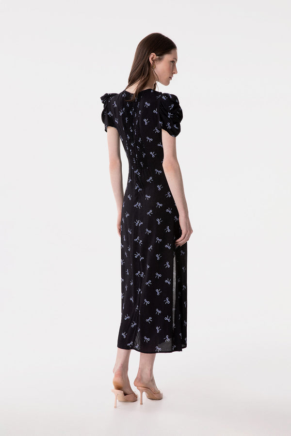 KRISTEL - CREPE MIDI DRESS WITH DRAPING AND BUTTONS WITH SIDE SPLIT
