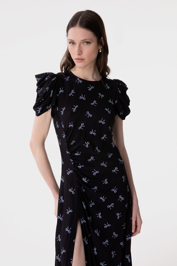 KRISTEL - CREPE MIDI DRESS WITH DRAPING AND BUTTONS WITH SIDE SPLIT