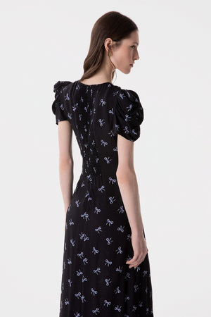 KRISTEL - CREPE MIDI DRESS WITH DRAPING AND BUTTONS WITH SIDE SPLIT