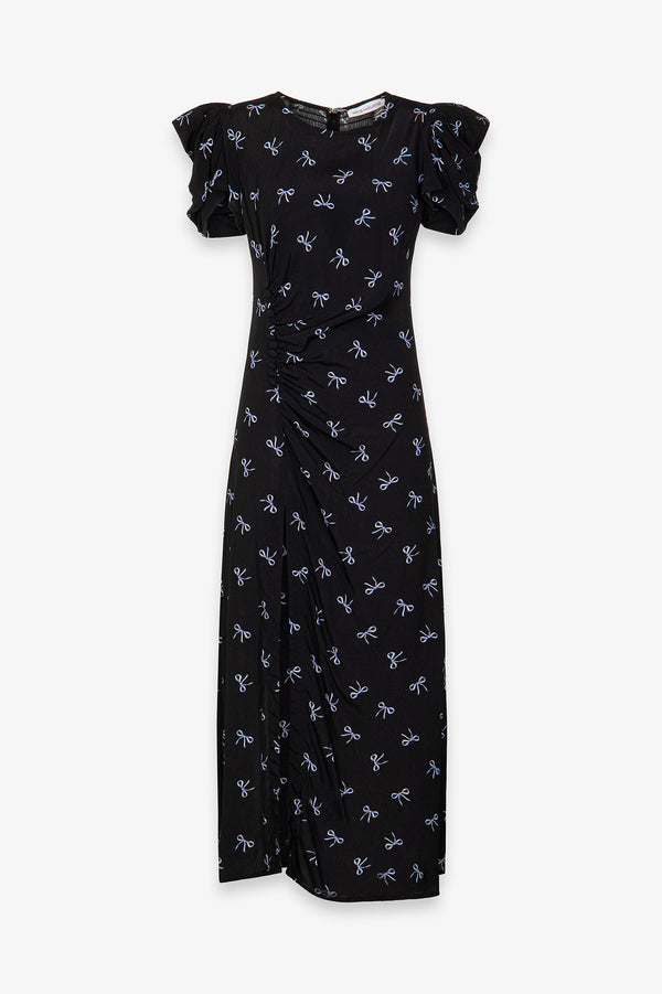 KRISTEL - CREPE MIDI DRESS WITH DRAPING AND BUTTONS WITH SIDE SPLIT
