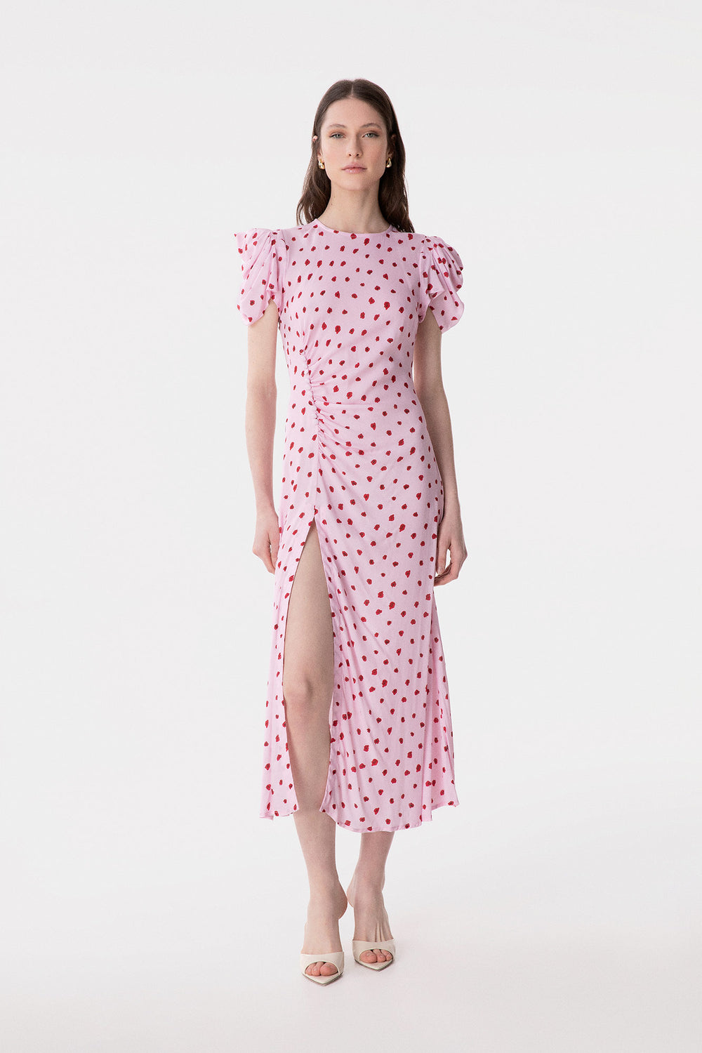 KRISTEL - ABITO MIDI CON DRAPPEGGIO E BOTTONCINI IN CREPE CON SPACCO LATERALE
