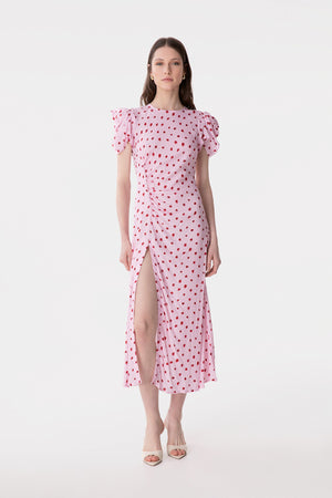 KRISTEL - ABITO MIDI CON DRAPPEGGIO E BOTTONCINI IN CREPE CON SPACCO LATERALE