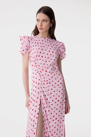 KRISTEL - ABITO MIDI CON DRAPPEGGIO E BOTTONCINI IN CREPE CON SPACCO LATERALE