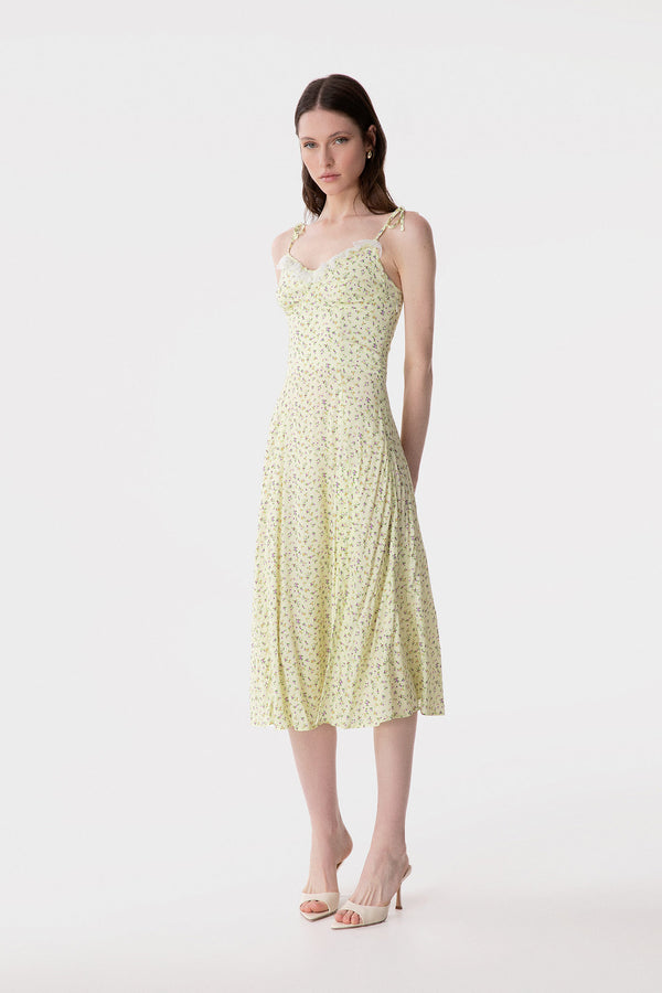 PRISCILLA - ABITO MIDI IN CREPE CON ROUGE SULLA SCOLLATURA E SPACCO LATERALE