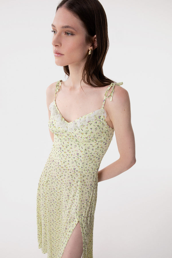 PRISCILLA - ABITO MIDI IN CREPE CON ROUGE SULLA SCOLLATURA E SPACCO LATERALE