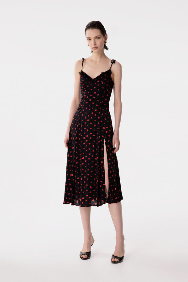 PRISCILLA - ABITO MIDI IN CREPE CON ROUGE SULLA SCOLLATURA E SPACCO LATERALE