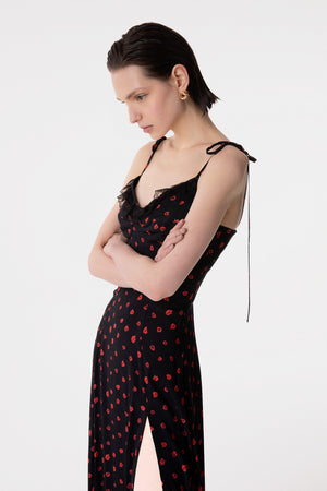 PRISCILLA - ABITO MIDI IN CREPE CON ROUGE SULLA SCOLLATURA E SPACCO LATERALE
