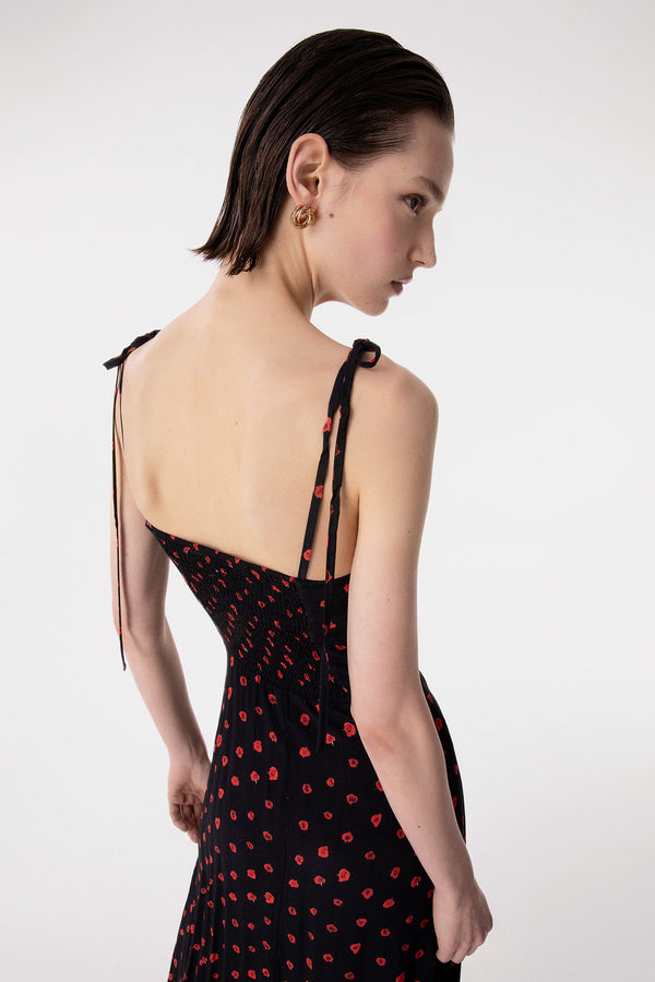 PRISCILLA - ABITO MIDI IN CREPE CON ROUGE SULLA SCOLLATURA E SPACCO LATERALE