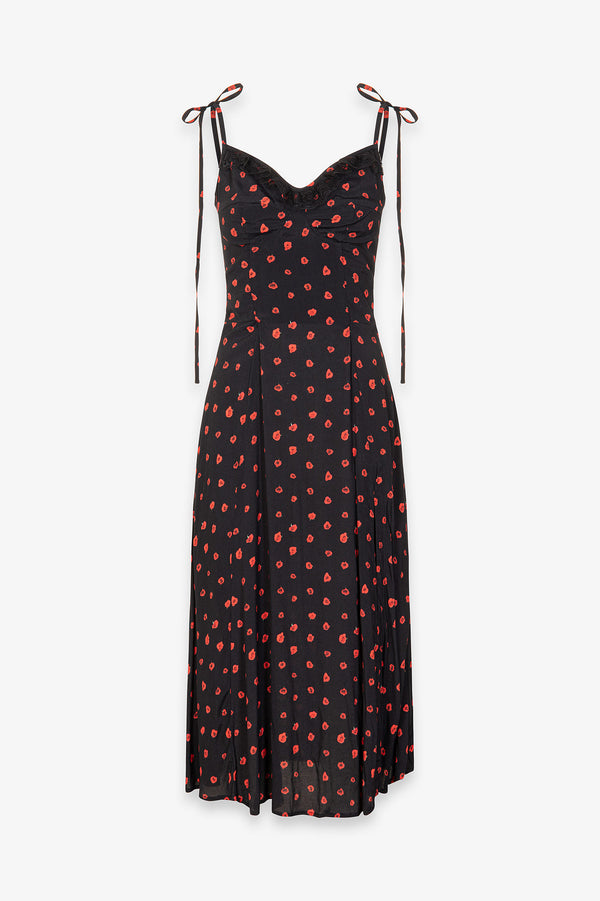 PRISCILLA - ABITO MIDI IN CREPE CON ROUGE SULLA SCOLLATURA E SPACCO LATERALE