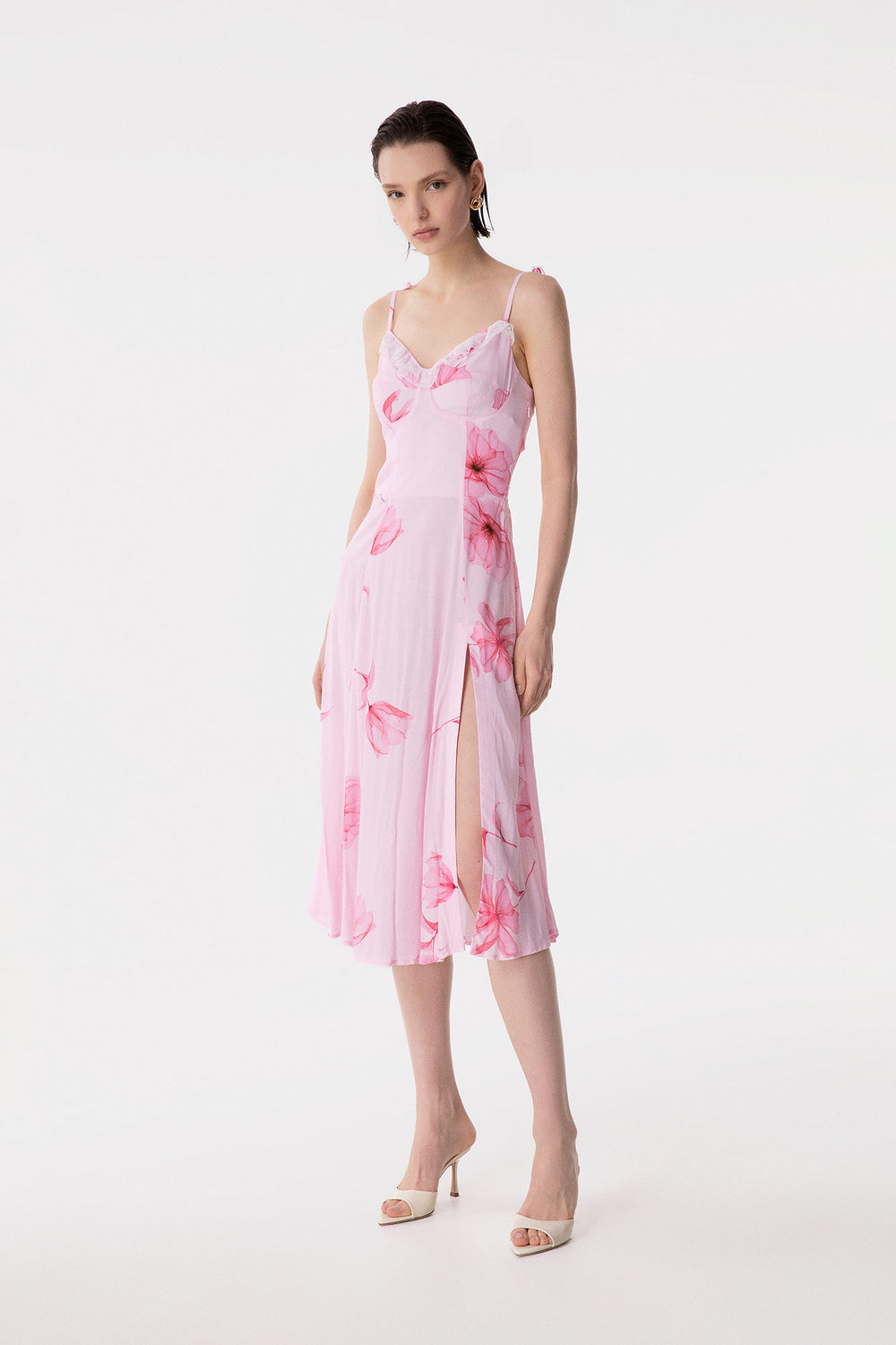 PRISCILLA - ABITO MIDI IN CREPE CON ROUGE SULLA SCOLLATURA E SPACCO LATERALE