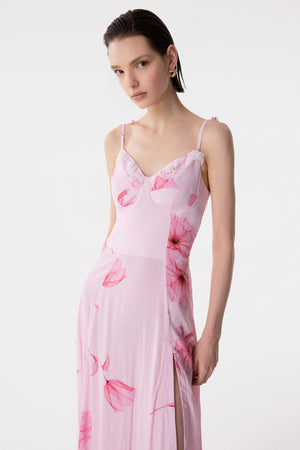 PRISCILLA - ABITO MIDI IN CREPE CON ROUGE SULLA SCOLLATURA E SPACCO LATERALE