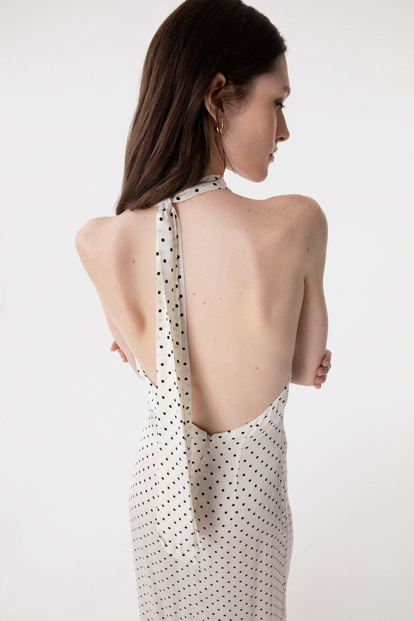 JULIETTE - ABITO LUNGO CON FOULARD AL COLLO E APERTURA A GOCCIA FRONTALE