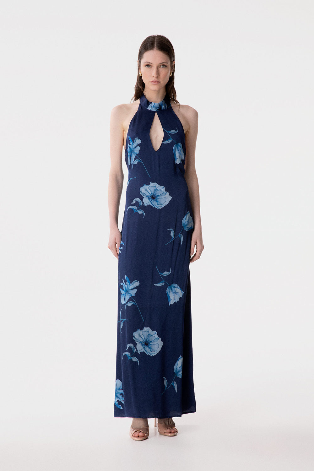 JULIETTE - ABITO LUNGO CON FOULARD AL COLLO E APERTURA A GOCCIA FRONTALE