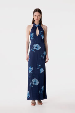 JULIETTE - ABITO LUNGO CON FOULARD AL COLLO E APERTURA A GOCCIA FRONTALE