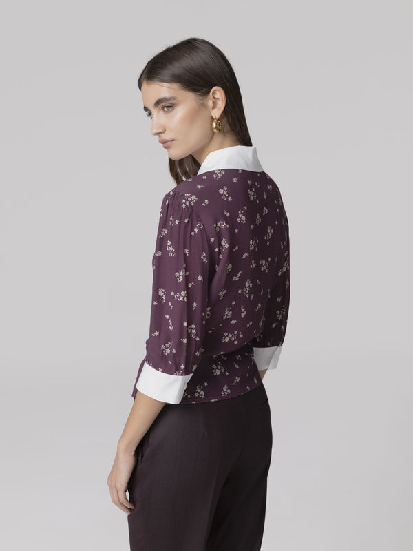 BLUSA CON MANICA A 3/4, POLSINI E COLLO IN POPELINE