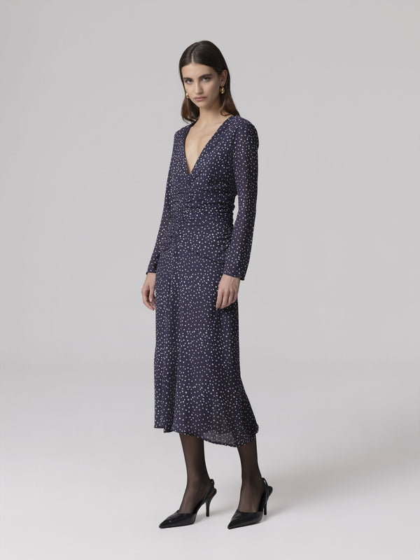 ABITO MIDI V-NECK CON ARRICCIATURE SU CORPO E MANICHE