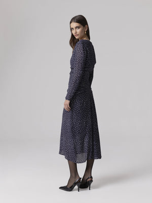 ABITO MIDI V-NECK CON ARRICCIATURE SU CORPO E MANICHE