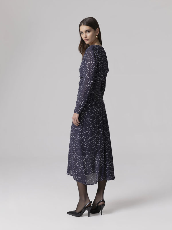 ABITO MIDI V-NECK CON ARRICCIATURE SU CORPO E MANICHE