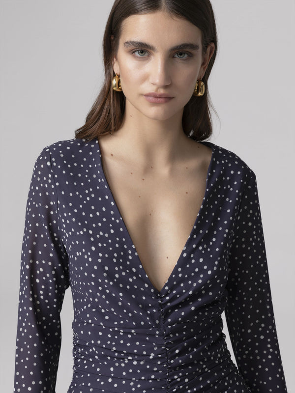 ABITO MIDI V-NECK CON ARRICCIATURE SU CORPO E MANICHE