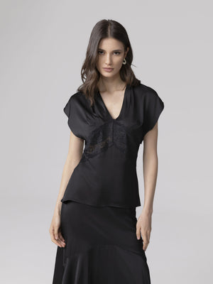 BLUSA SMANICATA V-NECK CON INSERTO IN PIZZO