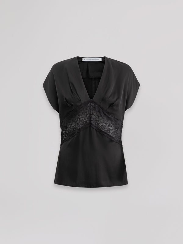 BLUSA SMANICATA V-NECK CON INSERTO IN PIZZO