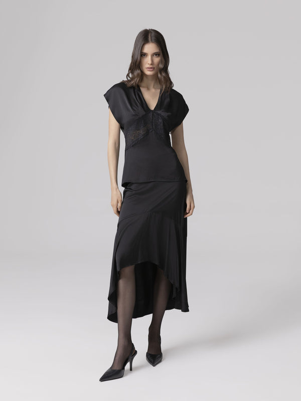 BLUSA SMANICATA V-NECK CON INSERTO IN PIZZO