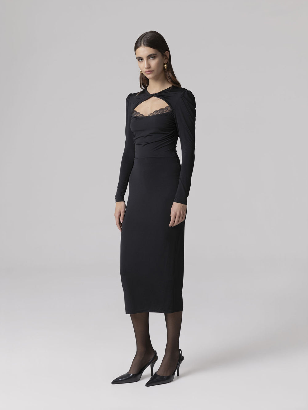 ABITO MIDI V-NECK CON ARRICCIATURA SU MANICHE E BUSTO