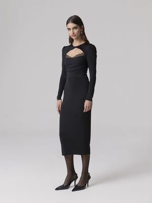 ABITO MIDI V-NECK CON ARRICCIATURA SU MANICHE E BUSTO