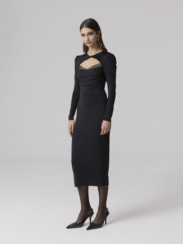ABITO MIDI V-NECK CON ARRICCIATURA SU MANICHE E BUSTO
