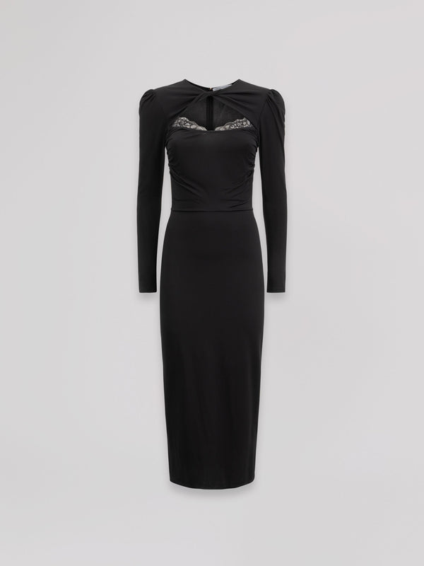 ABITO MIDI V-NECK CON ARRICCIATURA SU MANICHE E BUSTO