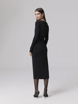 ABITO MIDI V-NECK CON ARRICCIATURA SU MANICHE E BUSTO