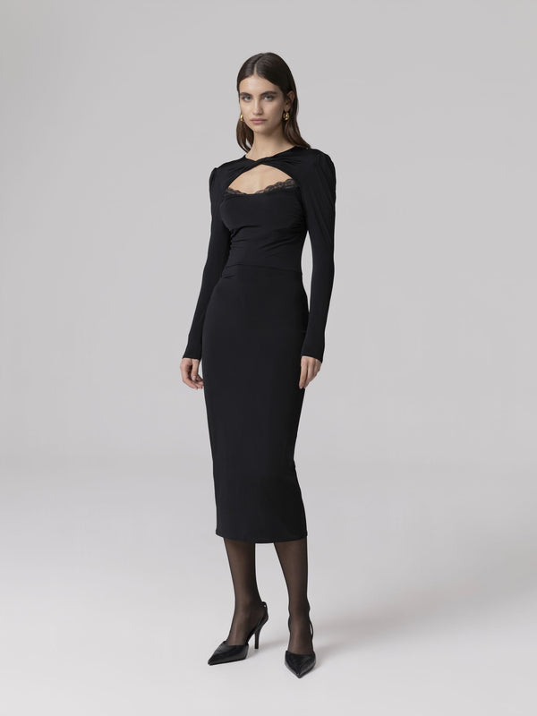 ABITO MIDI V-NECK CON ARRICCIATURA SU MANICHE E BUSTO