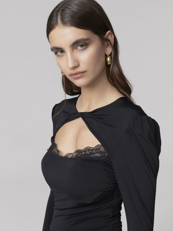ABITO MIDI V-NECK CON ARRICCIATURA SU MANICHE E BUSTO