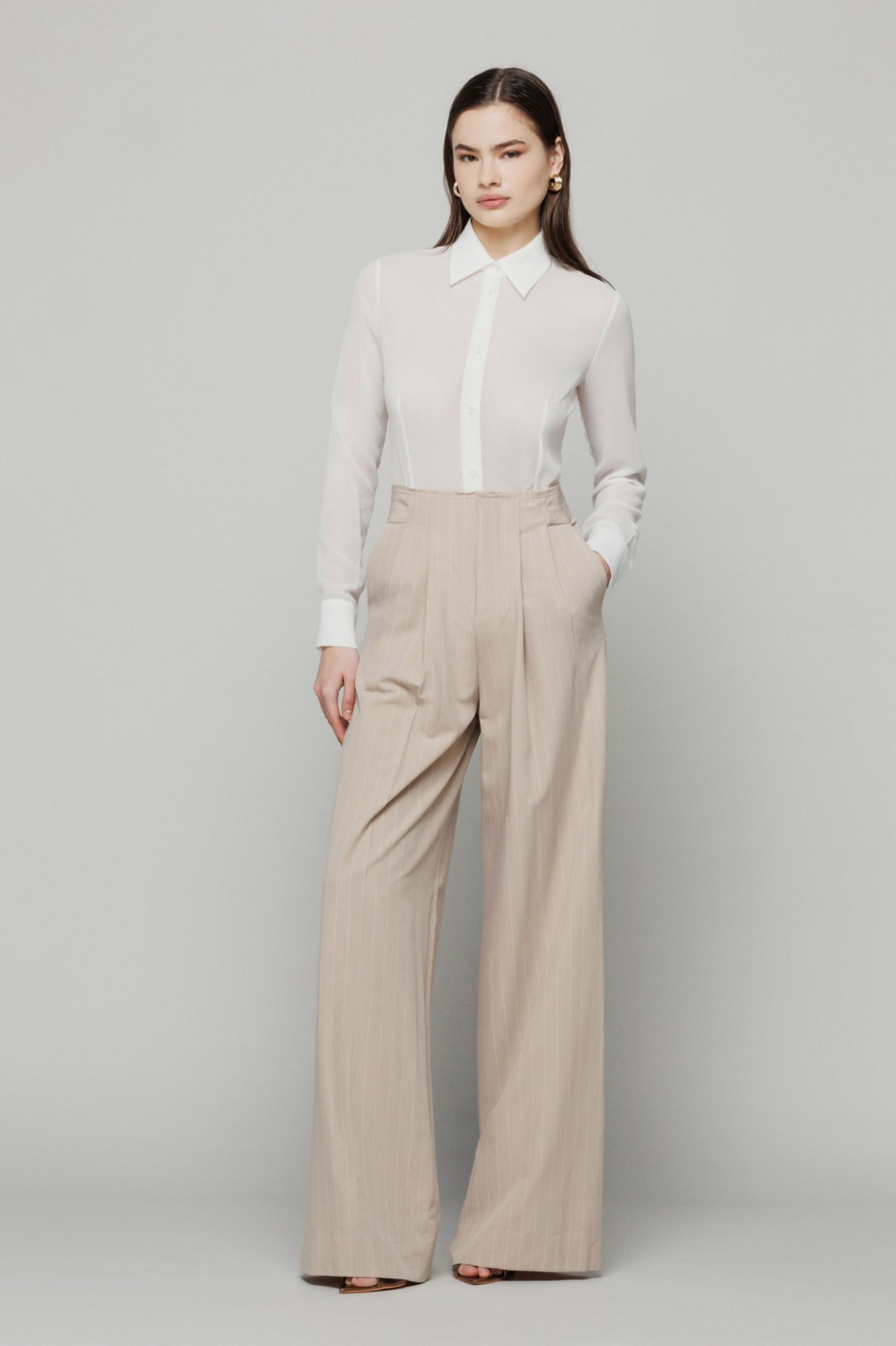 Pantalone gessato con pences  • Beige