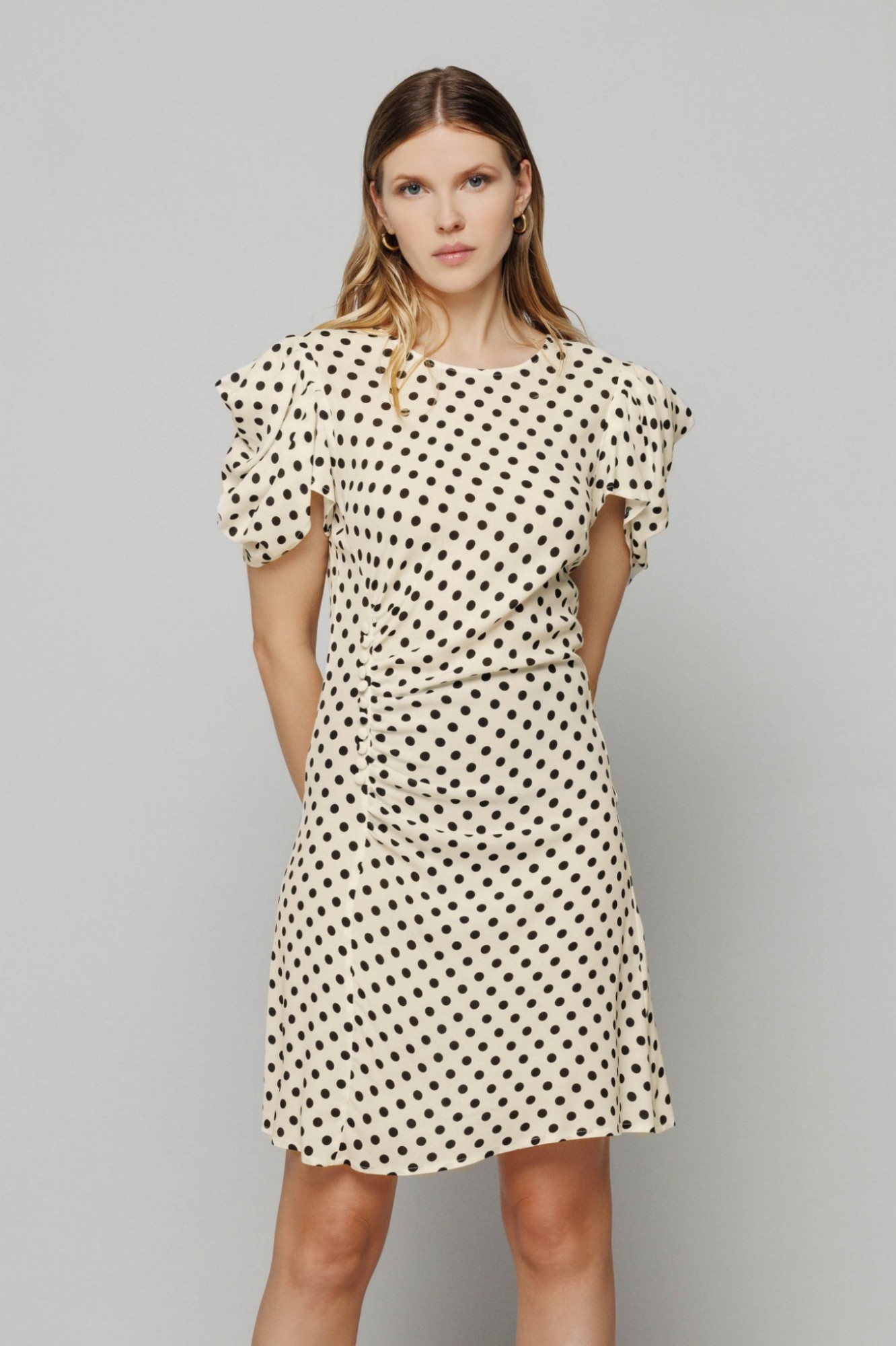 Picture of Karin - dress with draping and buttons • Ecru polka dots