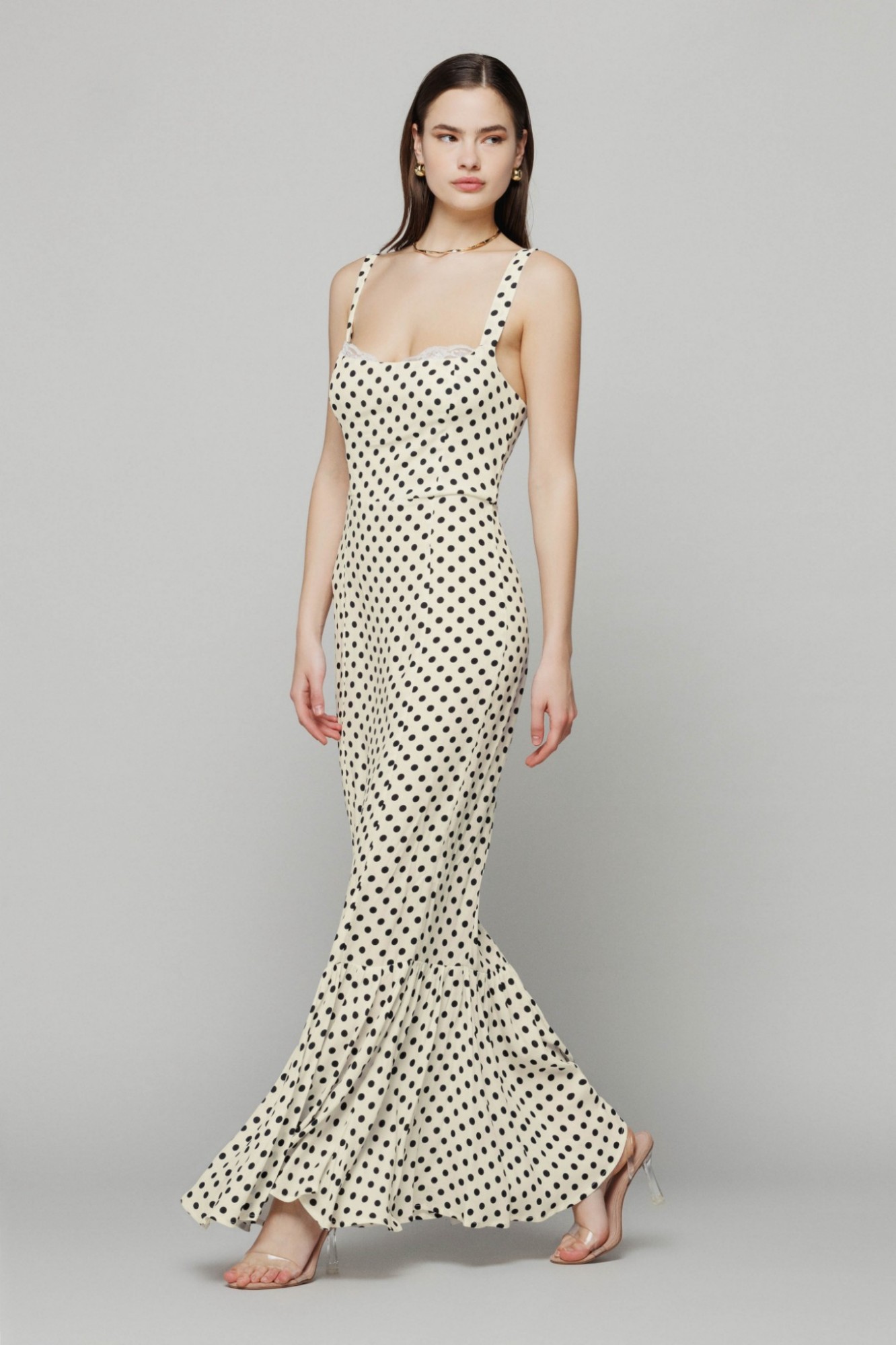 Picture of Denise - long fitted dress with sweetheart neckline and gathered flounce • Ecru polka dots